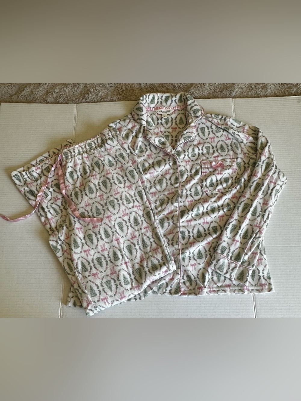 Laura Ashley Cream Pajama Set with Green Tree and Pink Bow Print